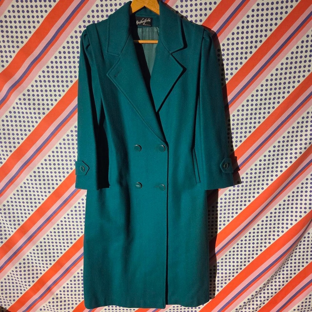 Vintage 70s Miss New Yorker Teal Wool Trench Coat Pockets Large